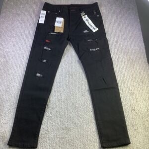 WATSON Denim Black Distressed Ripped Embellished Slim Fit Jeans Mens 32 x‎ 30.5